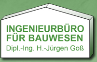 Logo von Ingenieurbüro für Bauwesen Goß, weiße fünfeckige Fläche mit schwarzem Rand und grüner Schrift