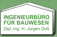 Logo von Ingenieurbro fr Bauwesen Go, weie fnfeckige Flche mit schwarzem Rand und grner Schrift